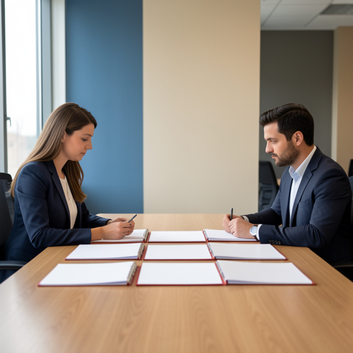 Une salariée et un manager examinent calmement trois dossiers vierges posés sur une table dans un bureau moderne.