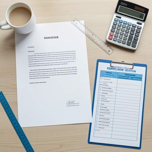 Bureau administratif avec un contrat vierge, une calculatrice, une règle et une liste de vérification bleue, évoquant le contrôle d’une classification salariale.